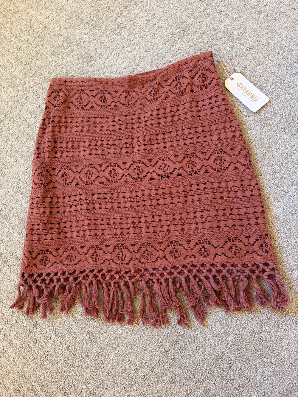 Shyanne Dusty Rose /Brown Crochet Fringe Mini Skirt - Large